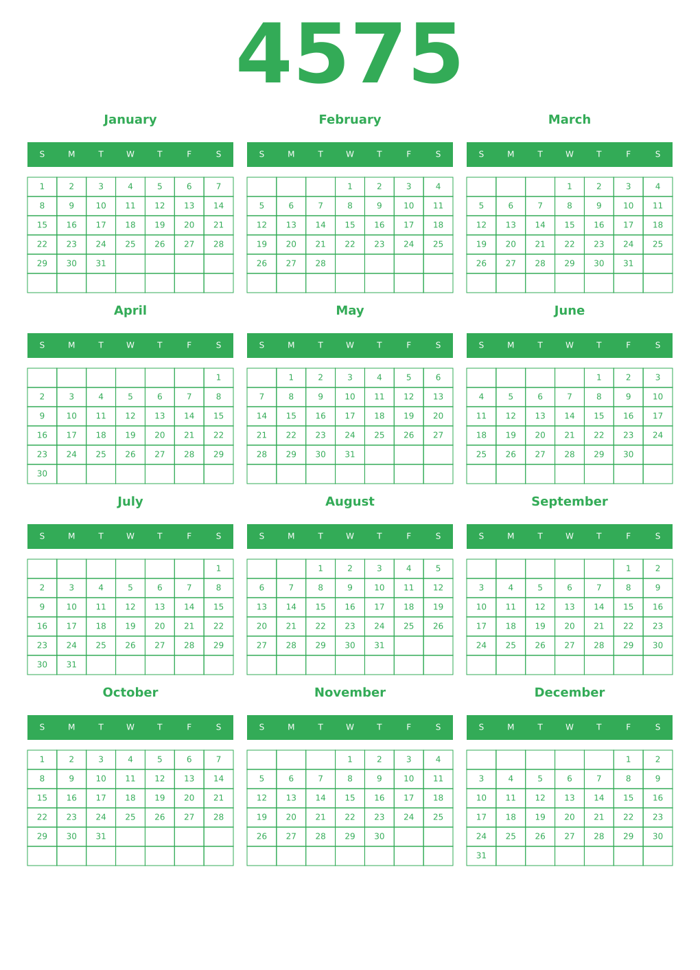 Printable 4575 Year Calendars green
