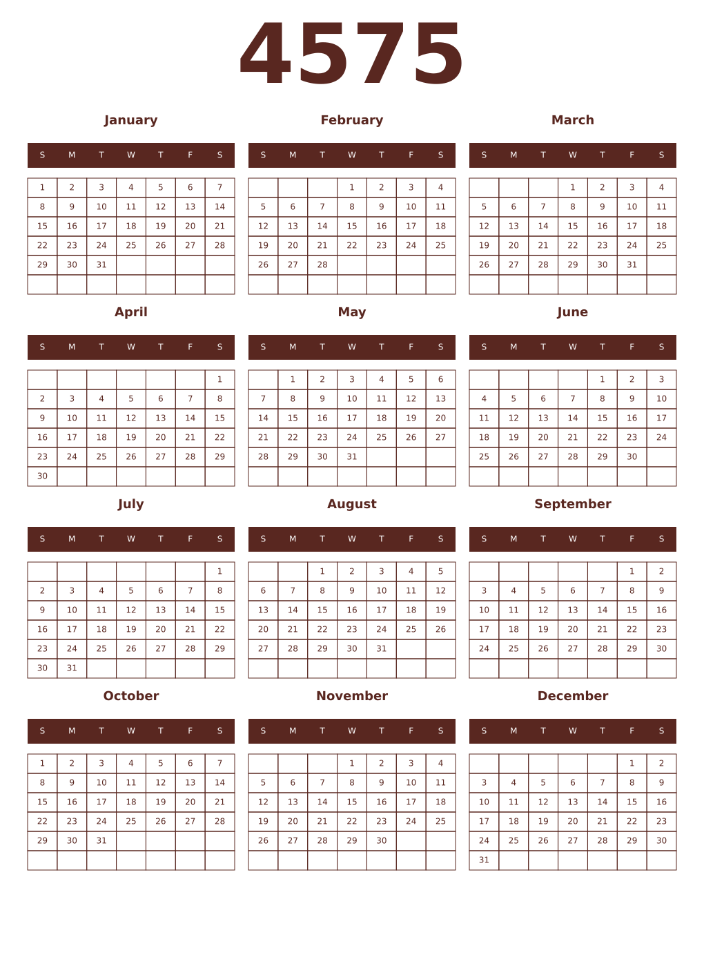 Printable 4575 Year Calendars mortuum