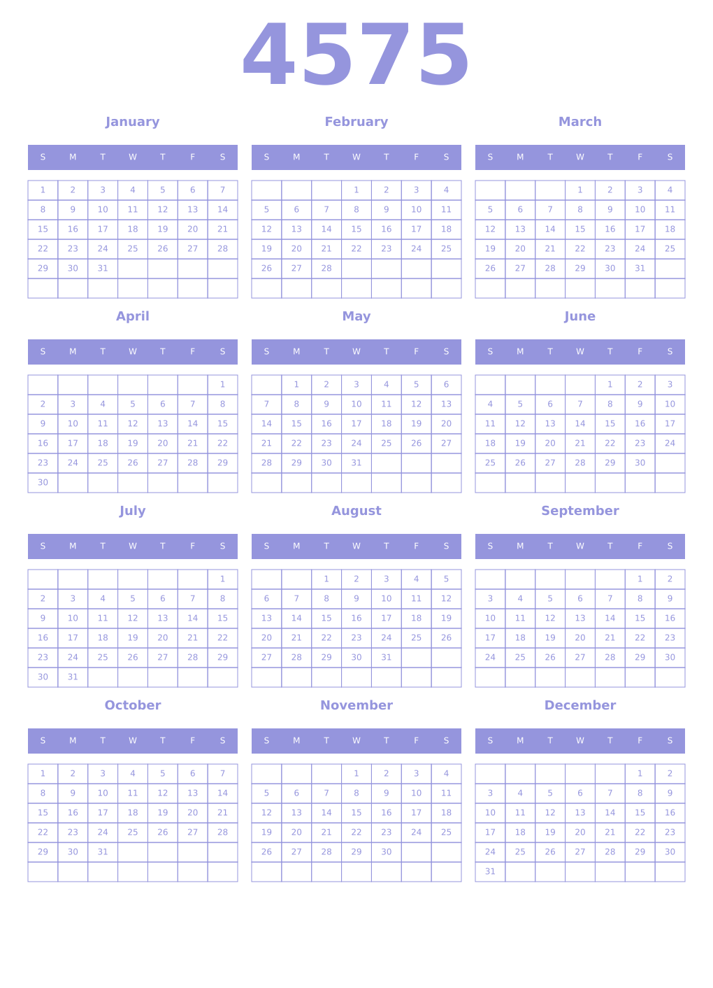 Printable 4575 Year Calendars periwinkle