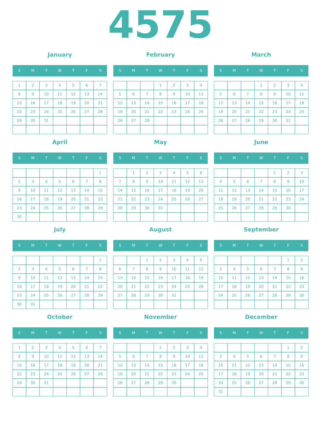 Printable 4575 Year Calendars verdigris