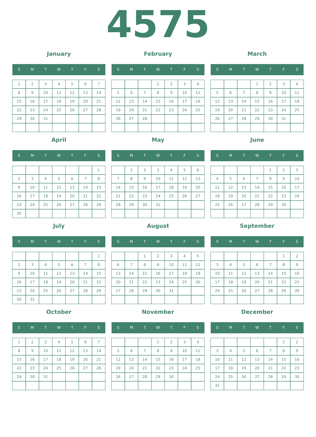 Printable 4575 Year Calendars viridian