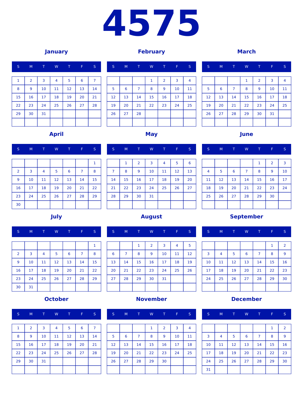 Printable 4575 Year Calendars zaffre