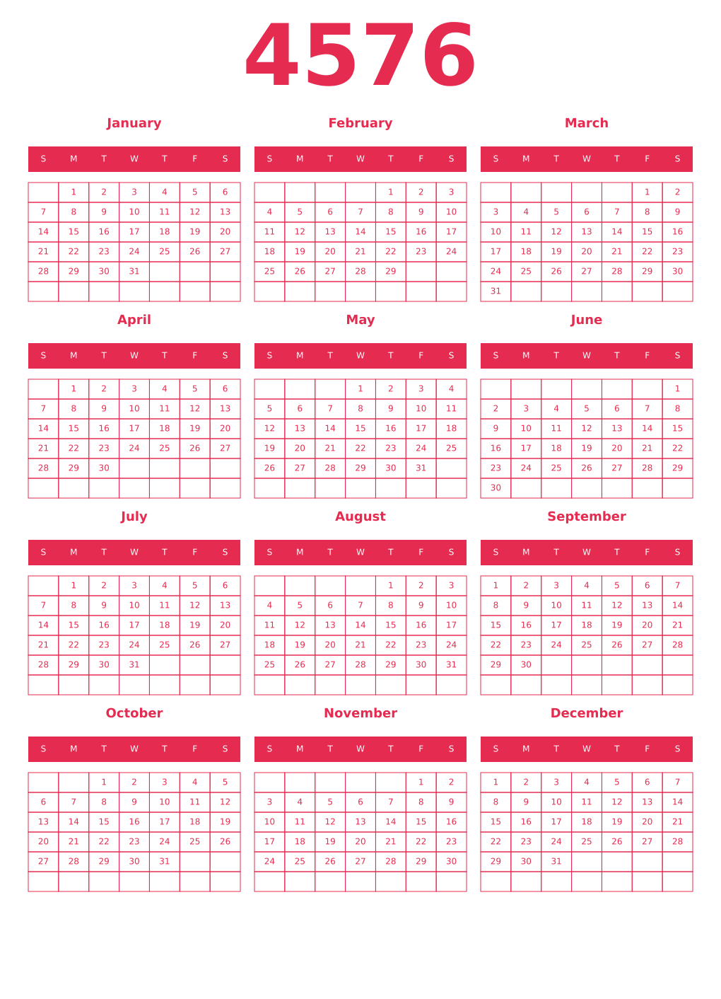Printable 4576 Year Calendars amaranth