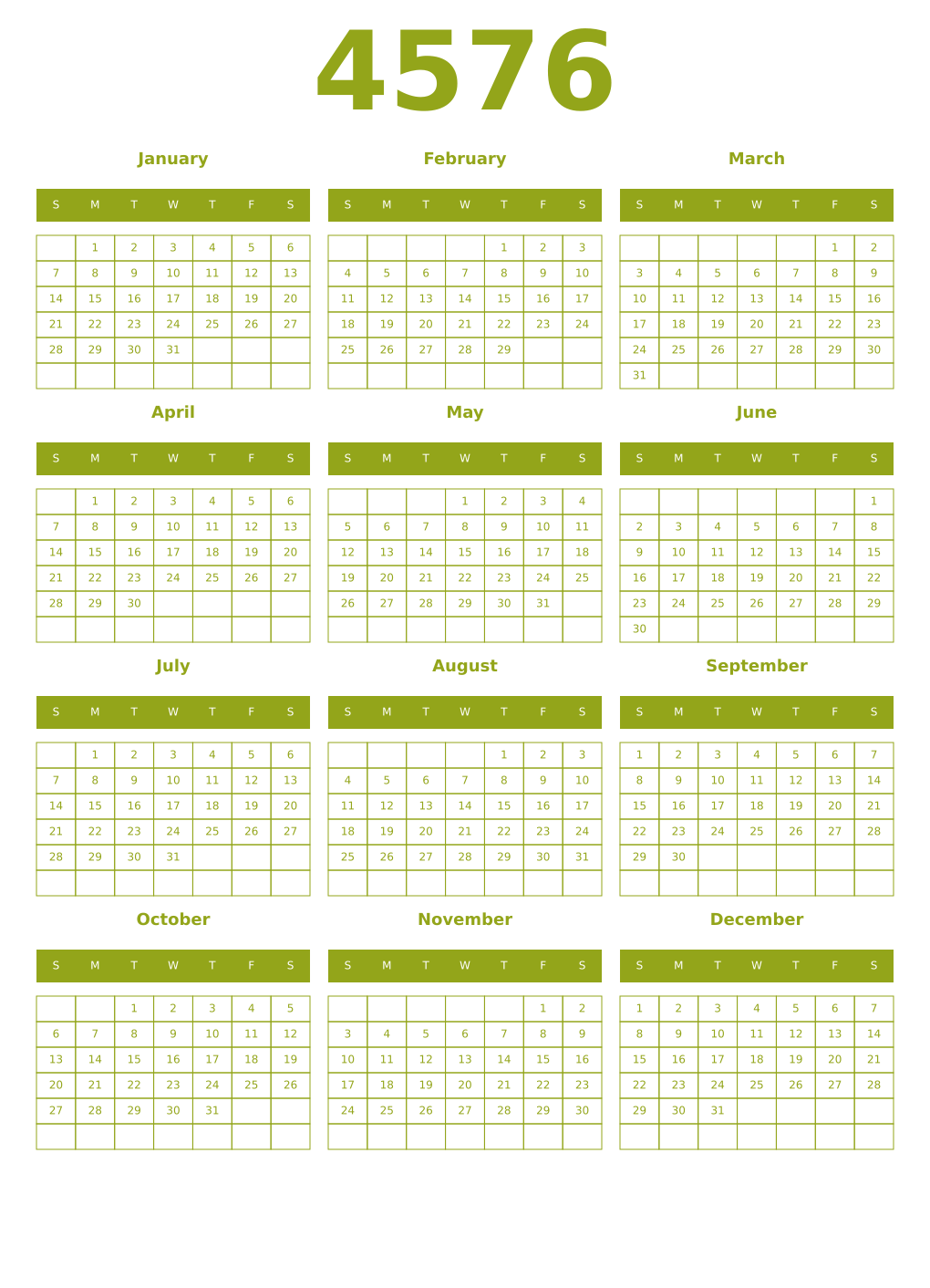 Printable 4576 Year Calendars chartreuse