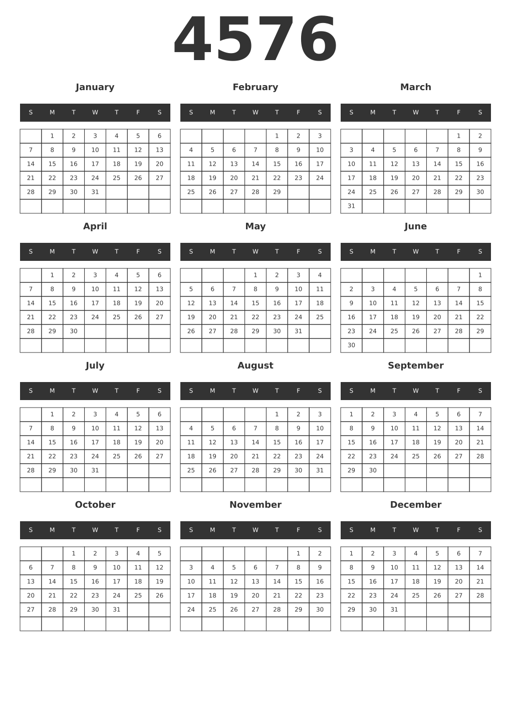 Printable 4576 Year Calendars dark