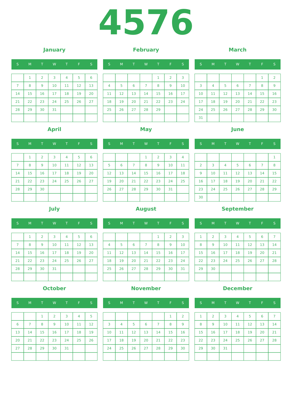 Printable 4576 Year Calendars green