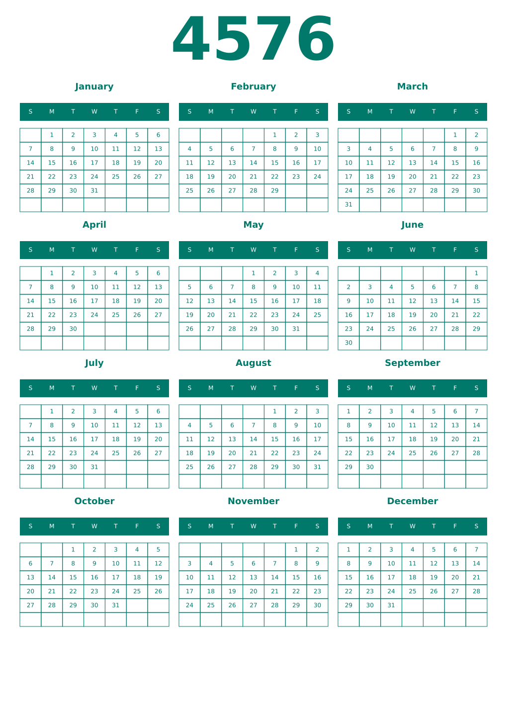 Printable 4576 Year Calendars pastel