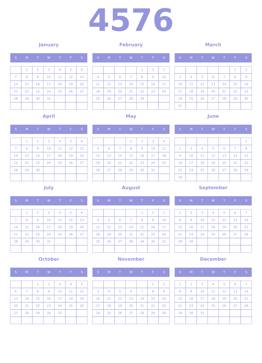 Printable 4576 Year Calendars periwinkle