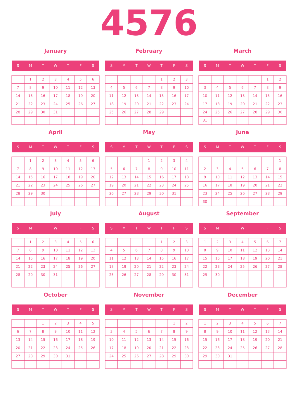 Printable 4576 Year Calendars pink