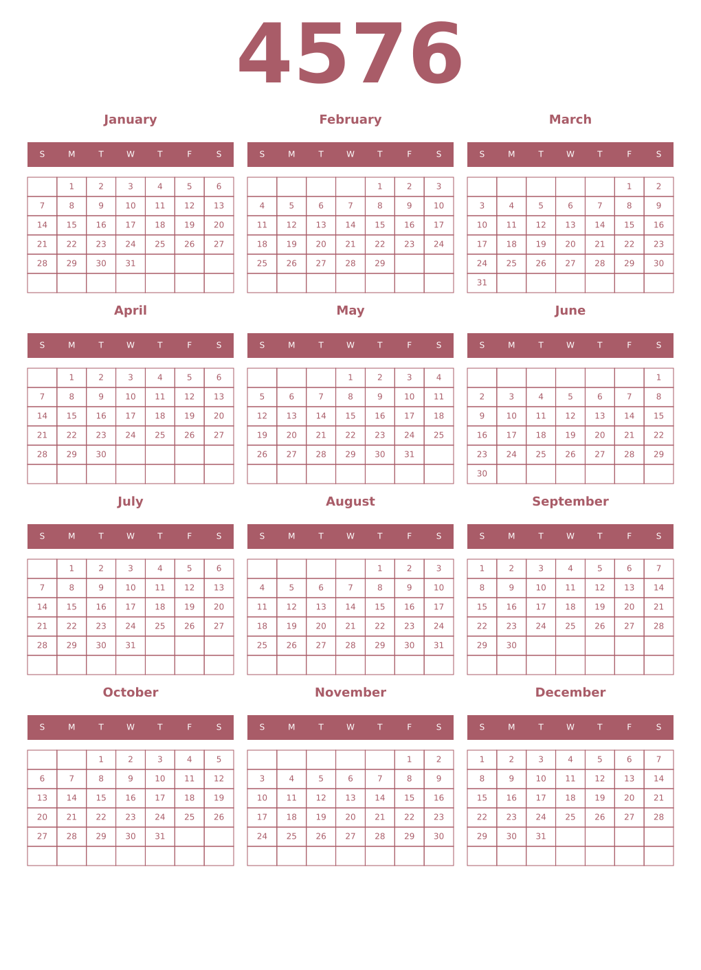 Printable 4576 Year Calendars puce