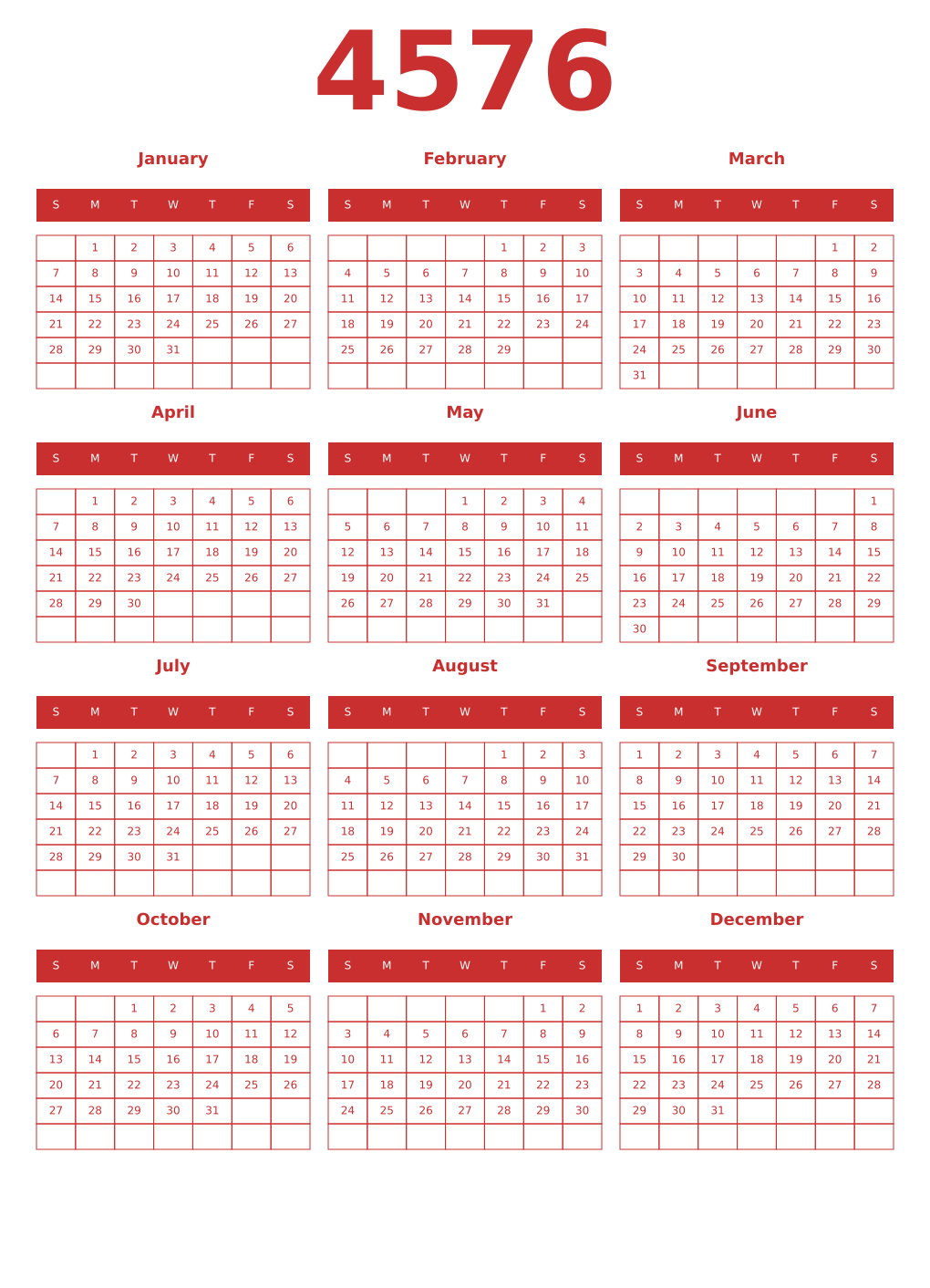 Printable 4576 Year Calendars red