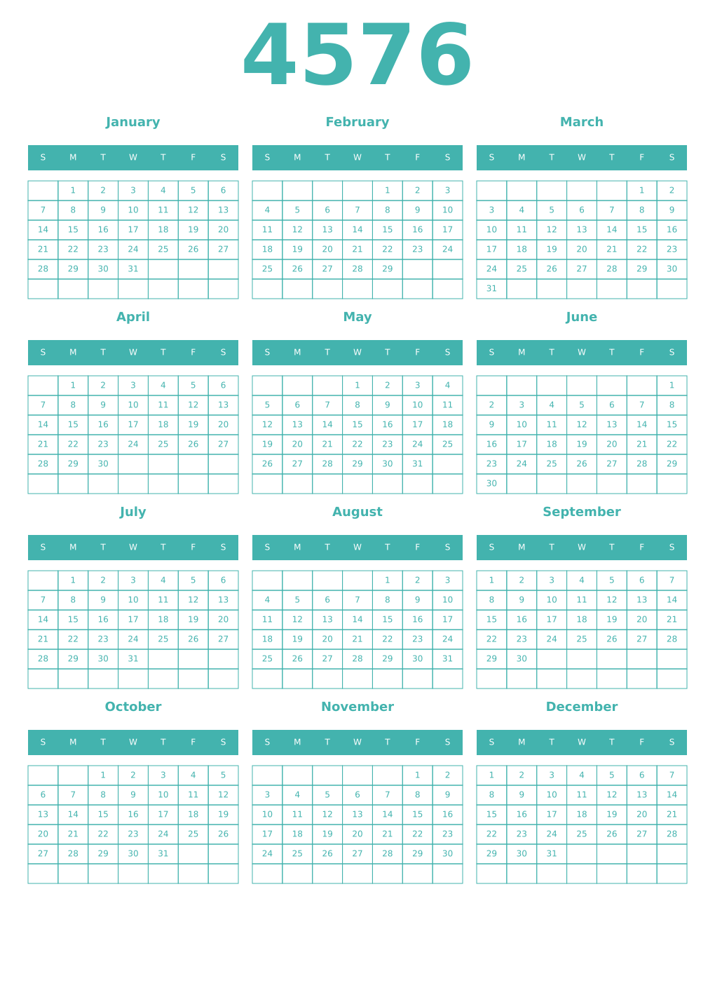 Printable 4576 Year Calendars verdigris