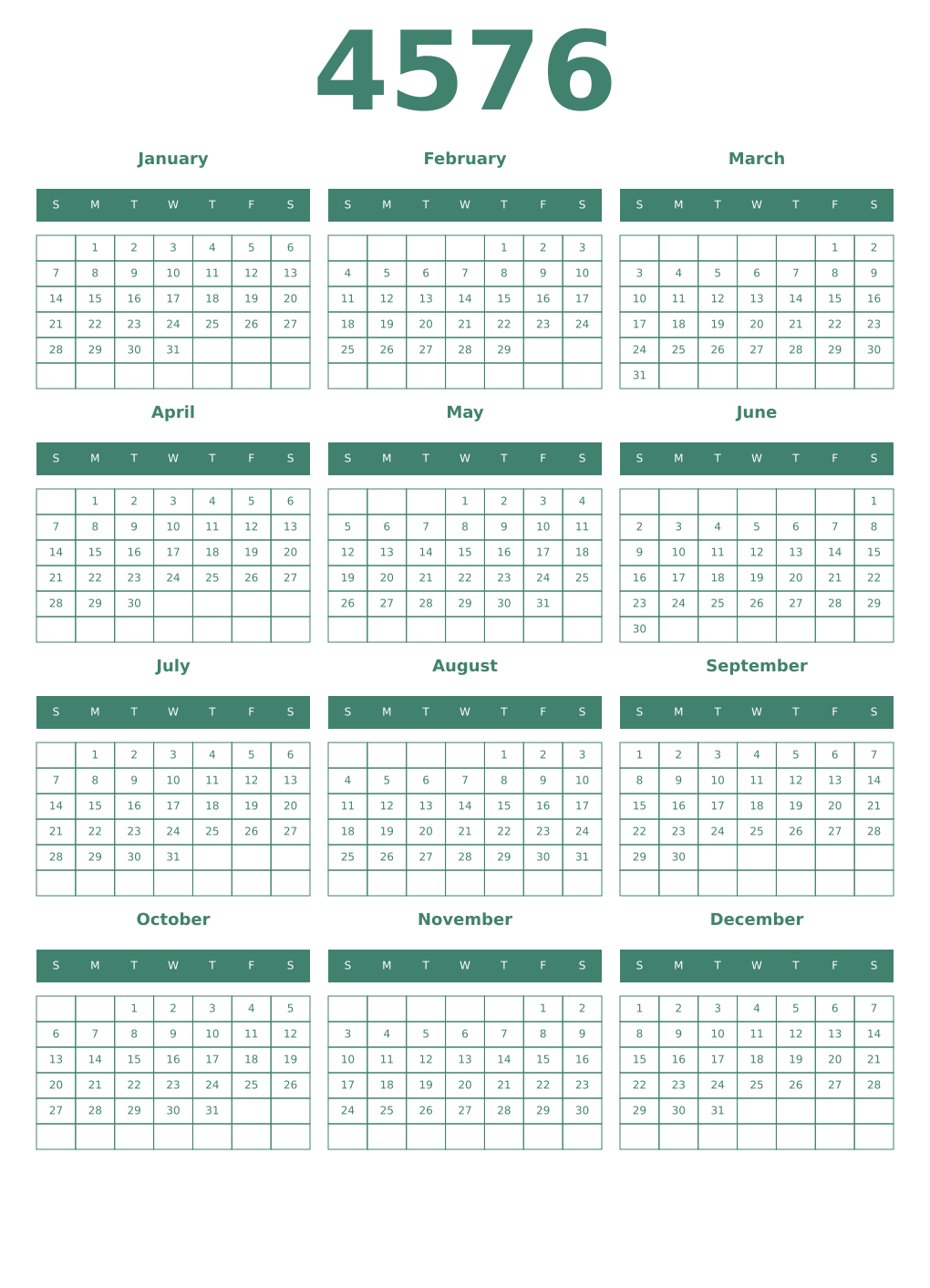 Printable 4576 Year Calendars viridian