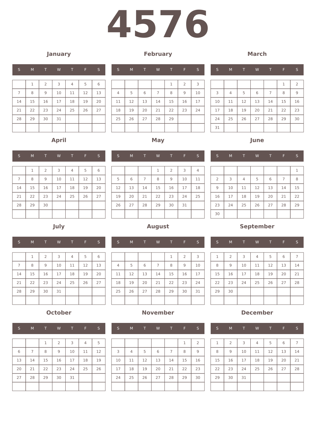 Printable 4576 Year Calendars wenge