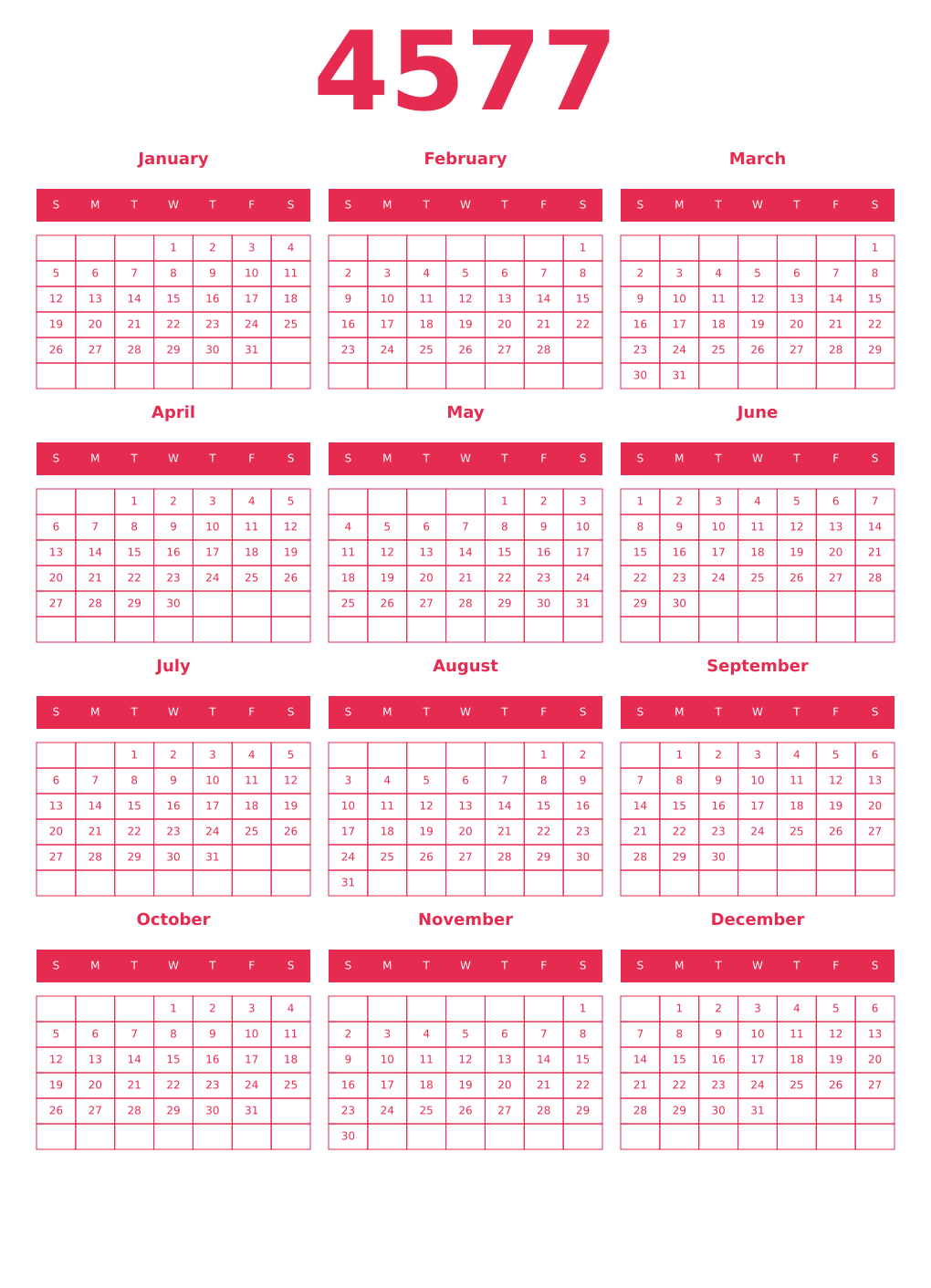 Printable 4577 Year Calendars amaranth
