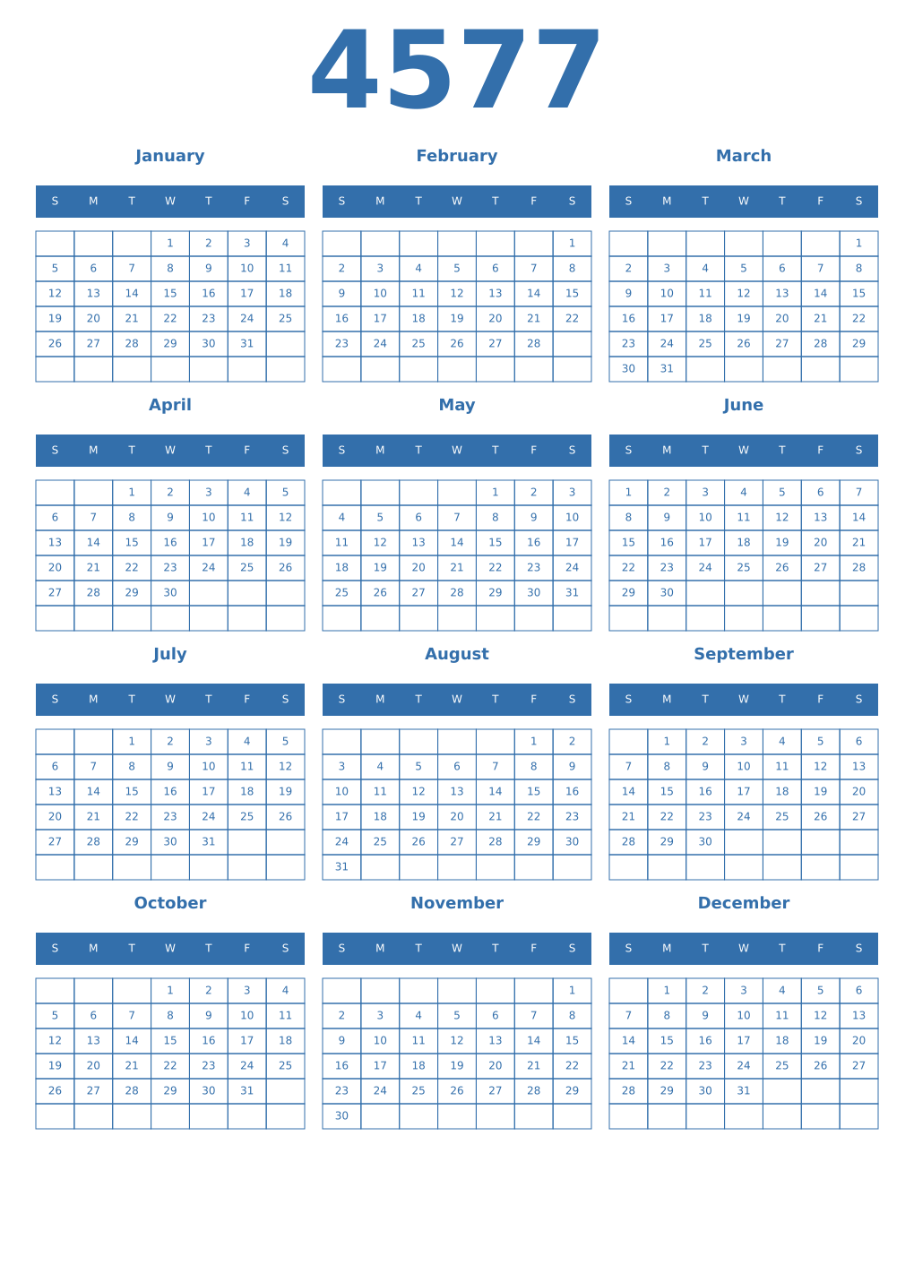 Printable 4577 Year Calendars blue