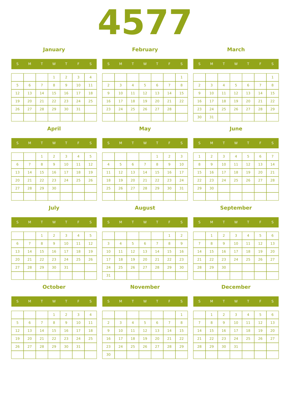 Printable 4577 Year Calendars chartreuse