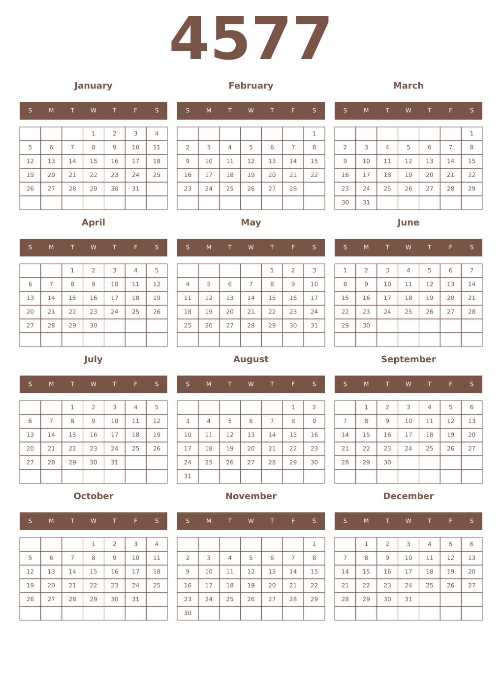 Printable 4577 Year Calendars coffe