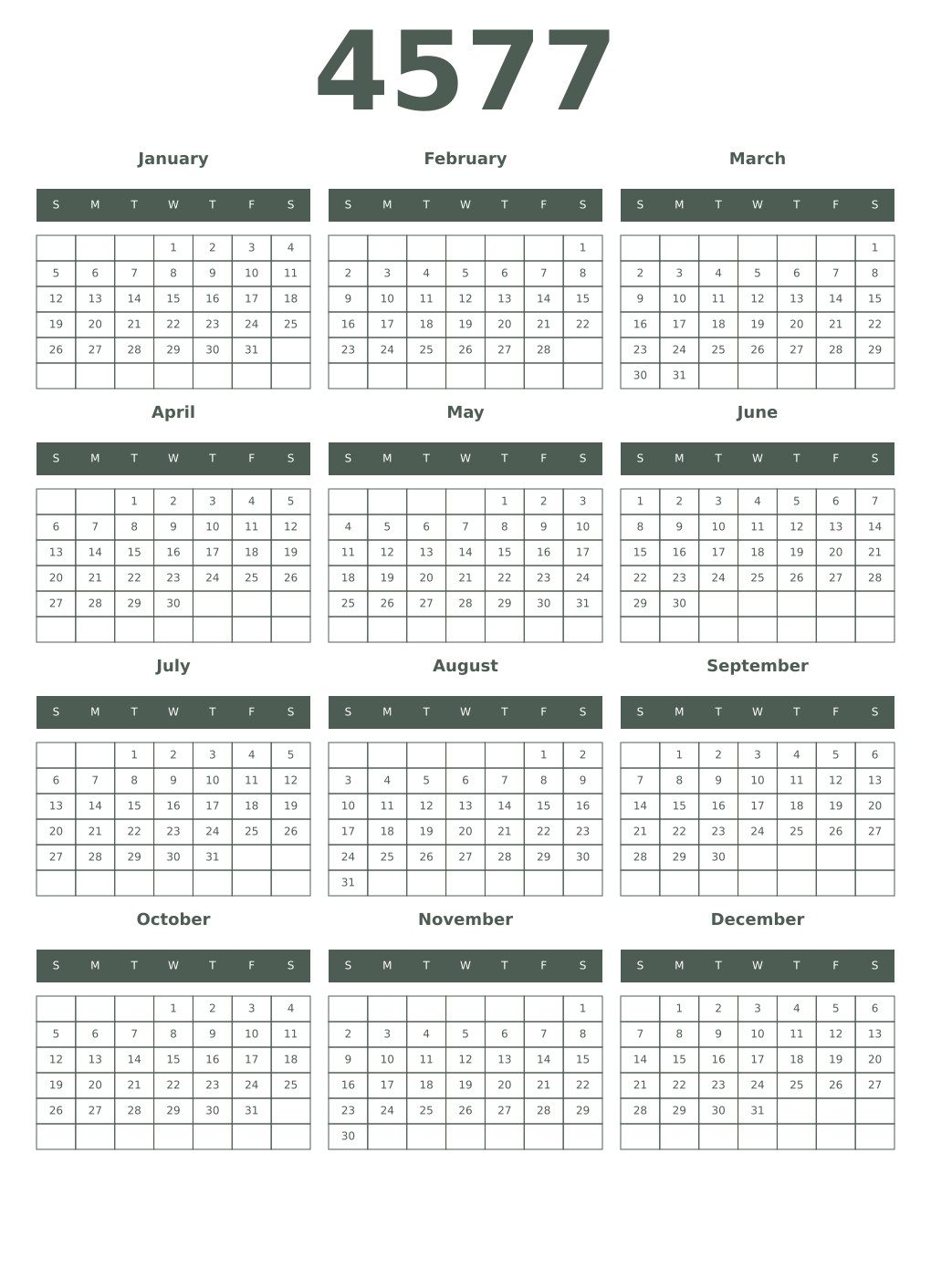 Printable 4577 Year Calendars feldgrau