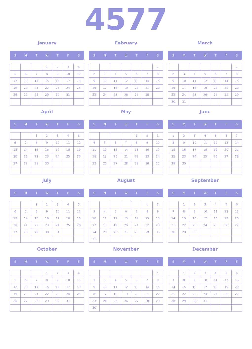 Printable 4577 Year Calendars periwinkle