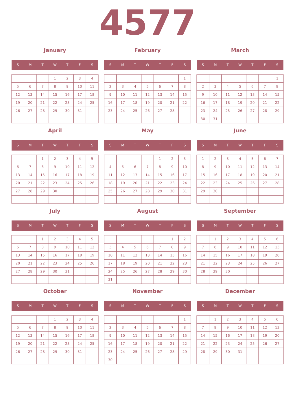 Printable 4577 Year Calendars puce