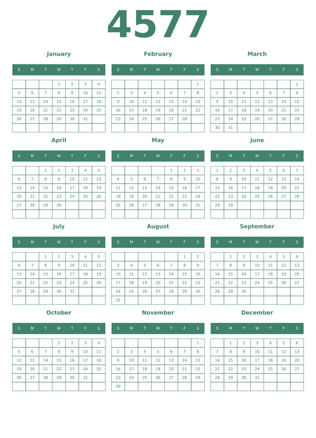 Printable 4577 Year Calendars viridian