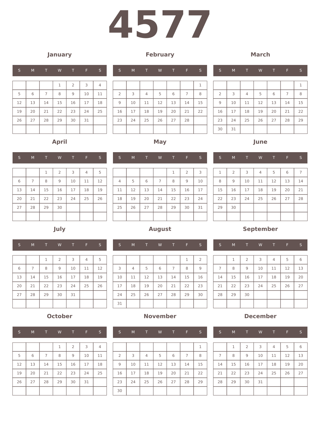 Printable 4577 Year Calendars wenge