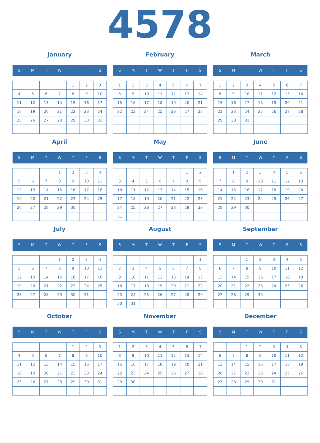 Printable 4578 Year Calendars blue
