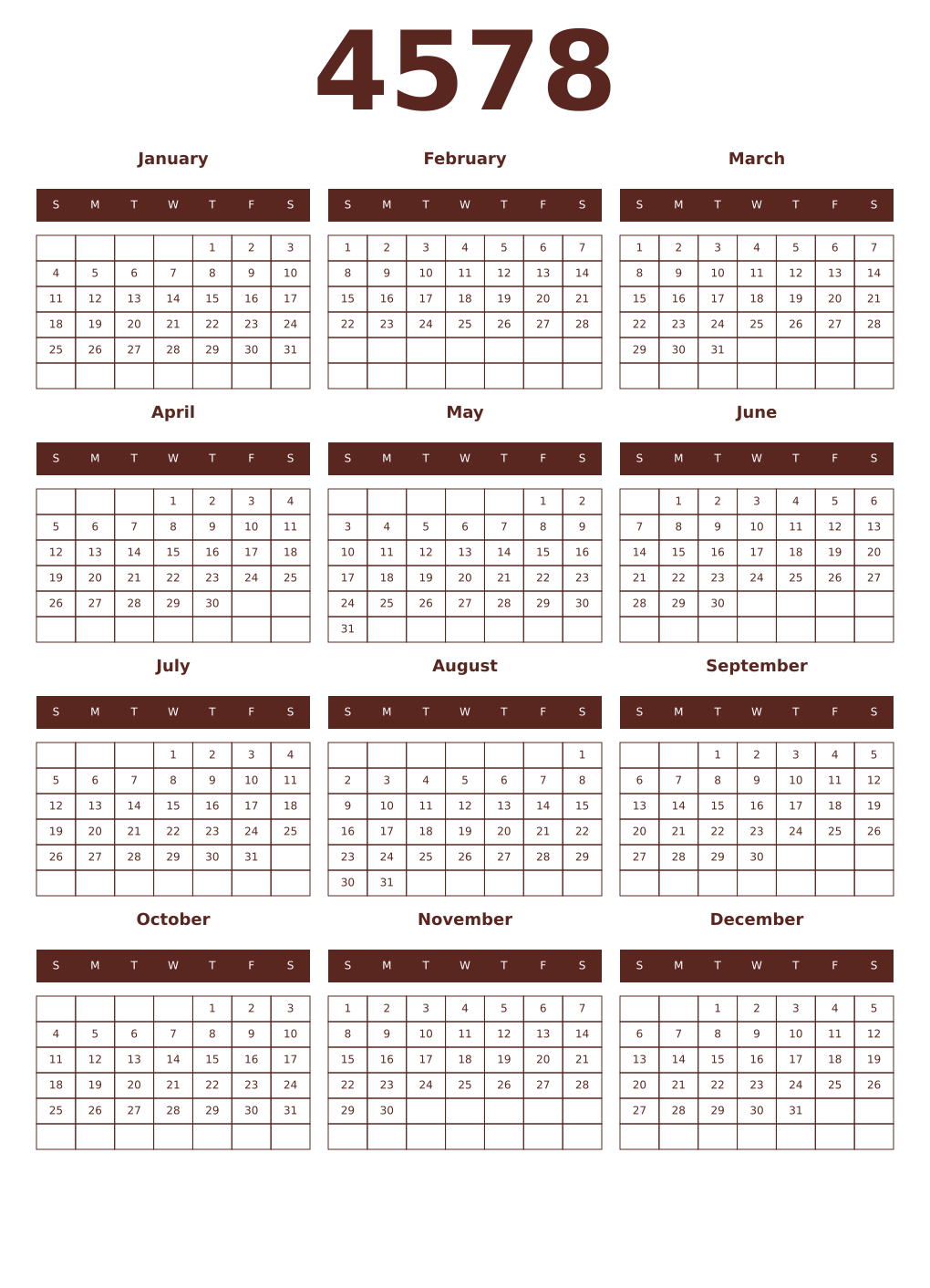 Printable 4578 Year Calendars mortuum