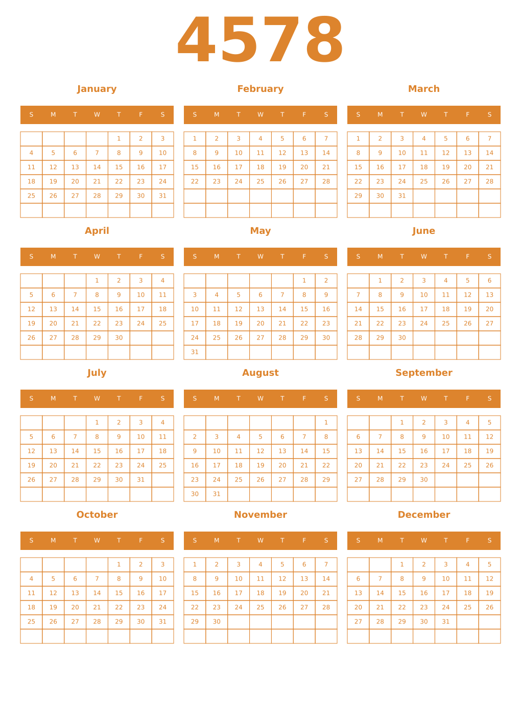 Printable 4578 Year Calendars orange