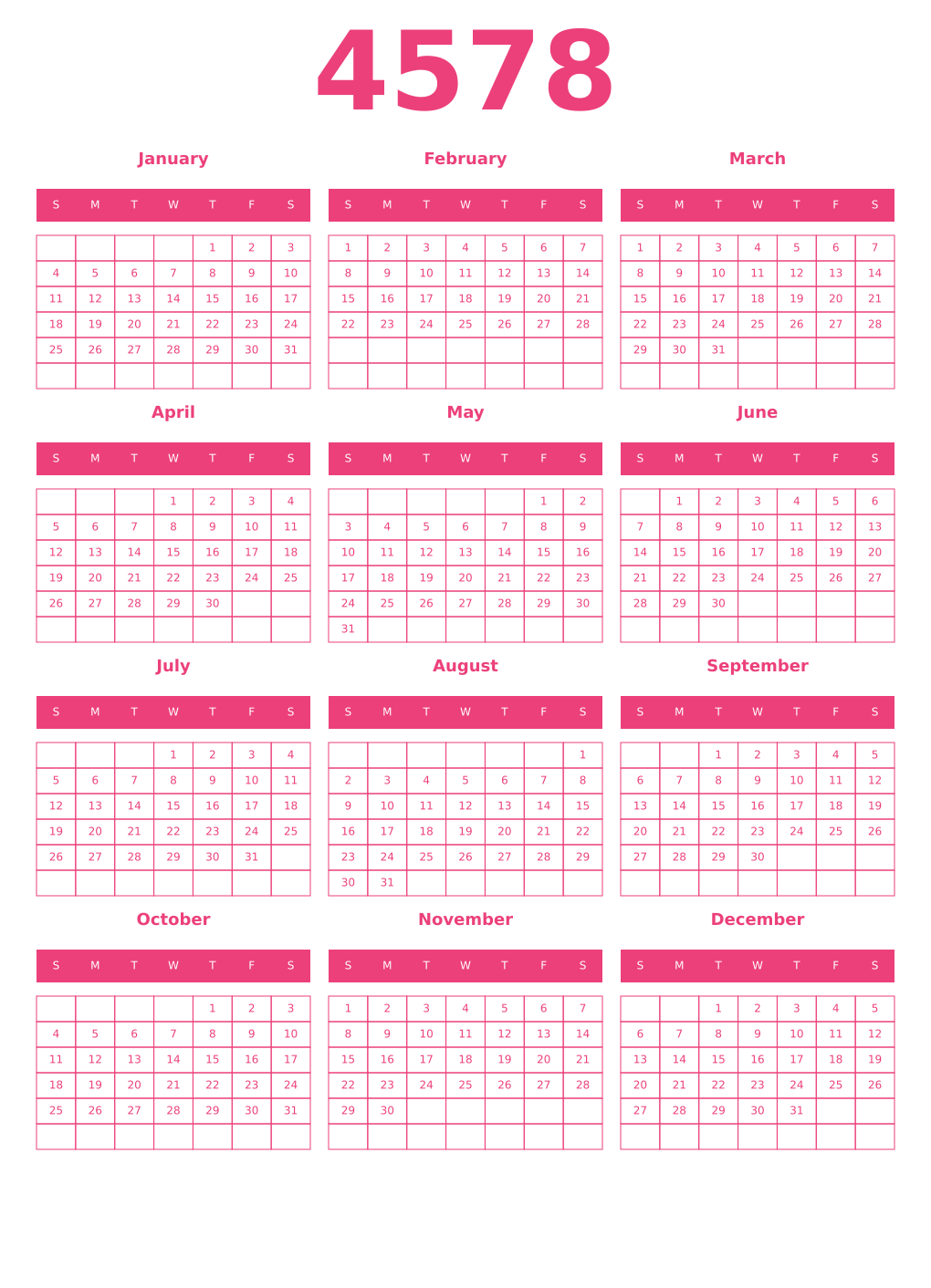 Printable 4578 Year Calendars pink