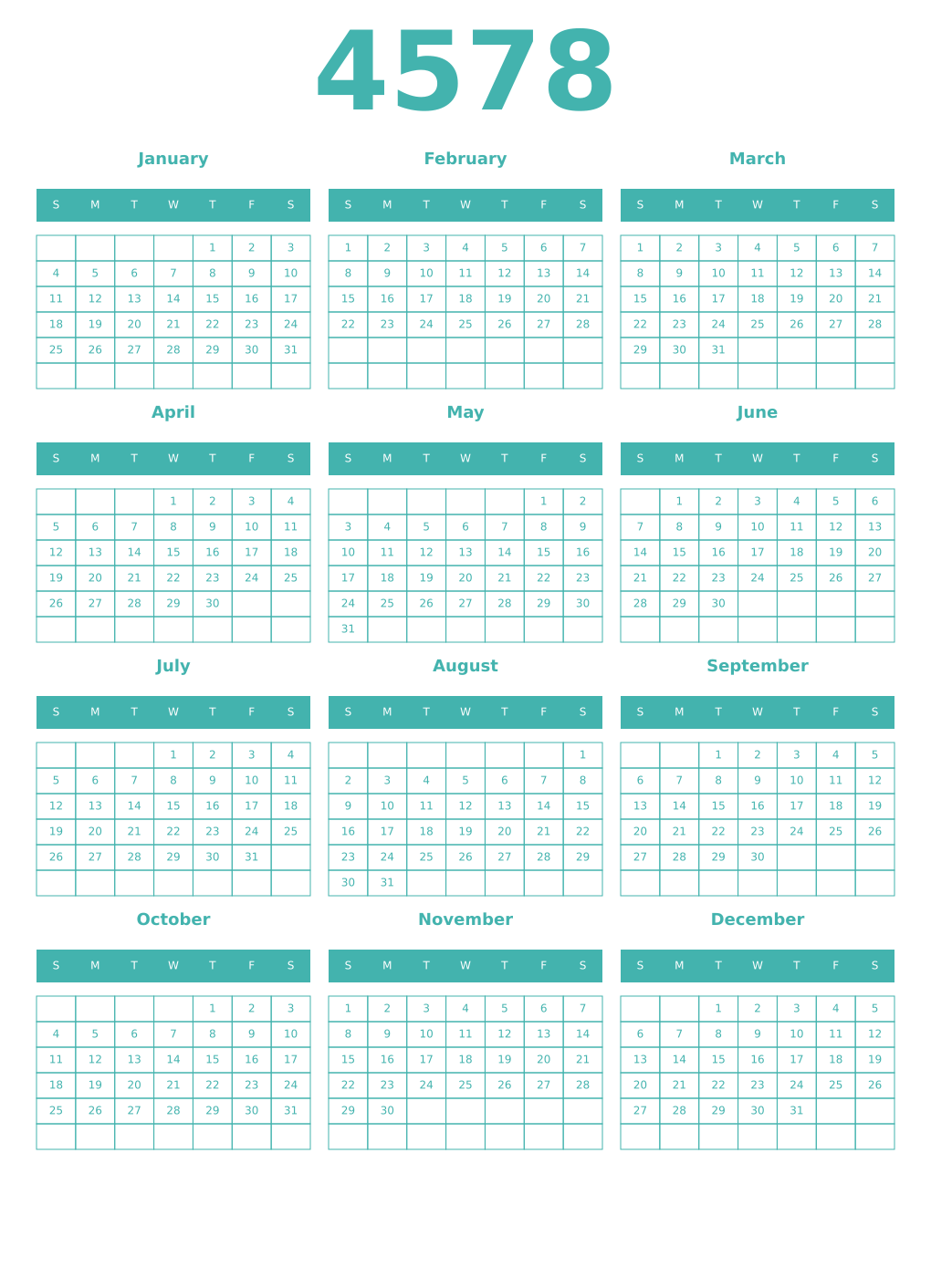 Printable 4578 Year Calendars verdigris
