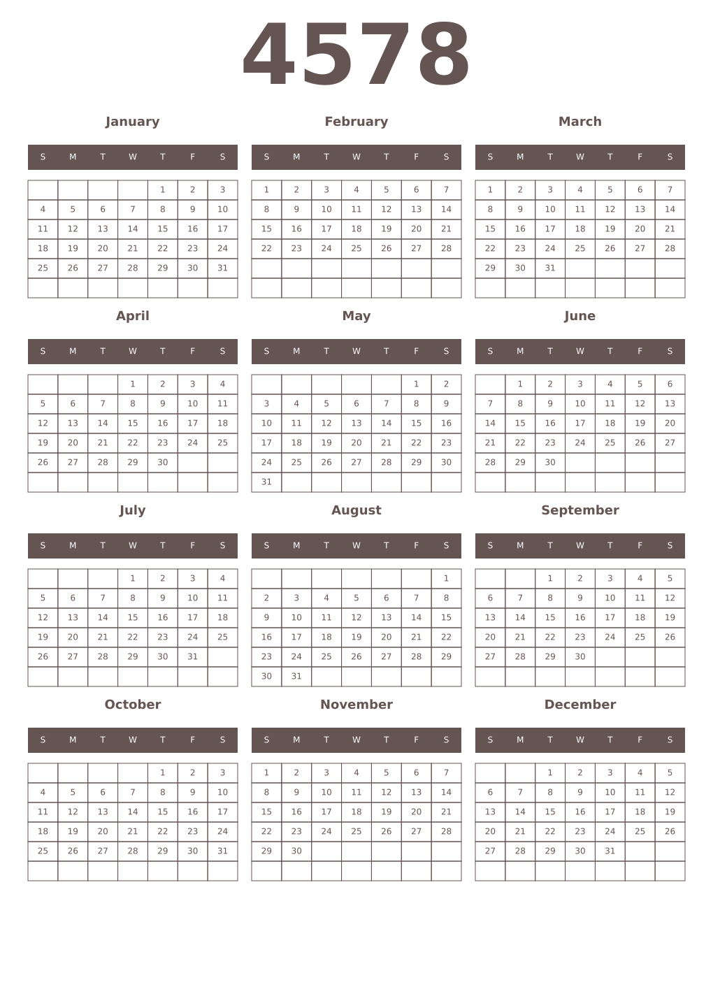 Printable 4578 Year Calendars wenge