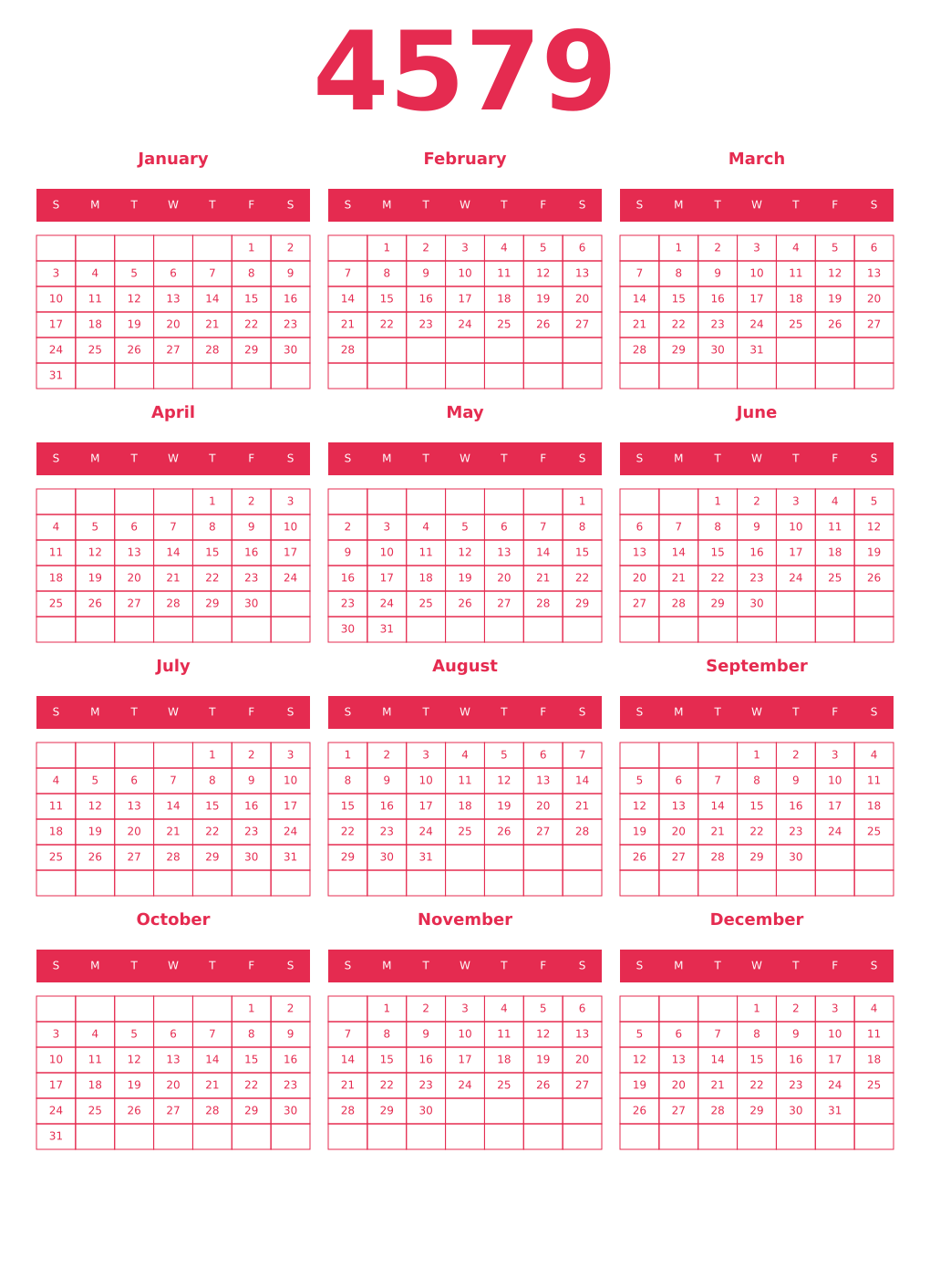 Printable 4579 Year Calendars amaranth