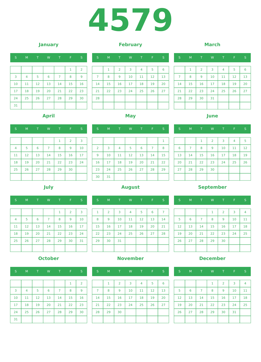 Printable 4579 Year Calendars green