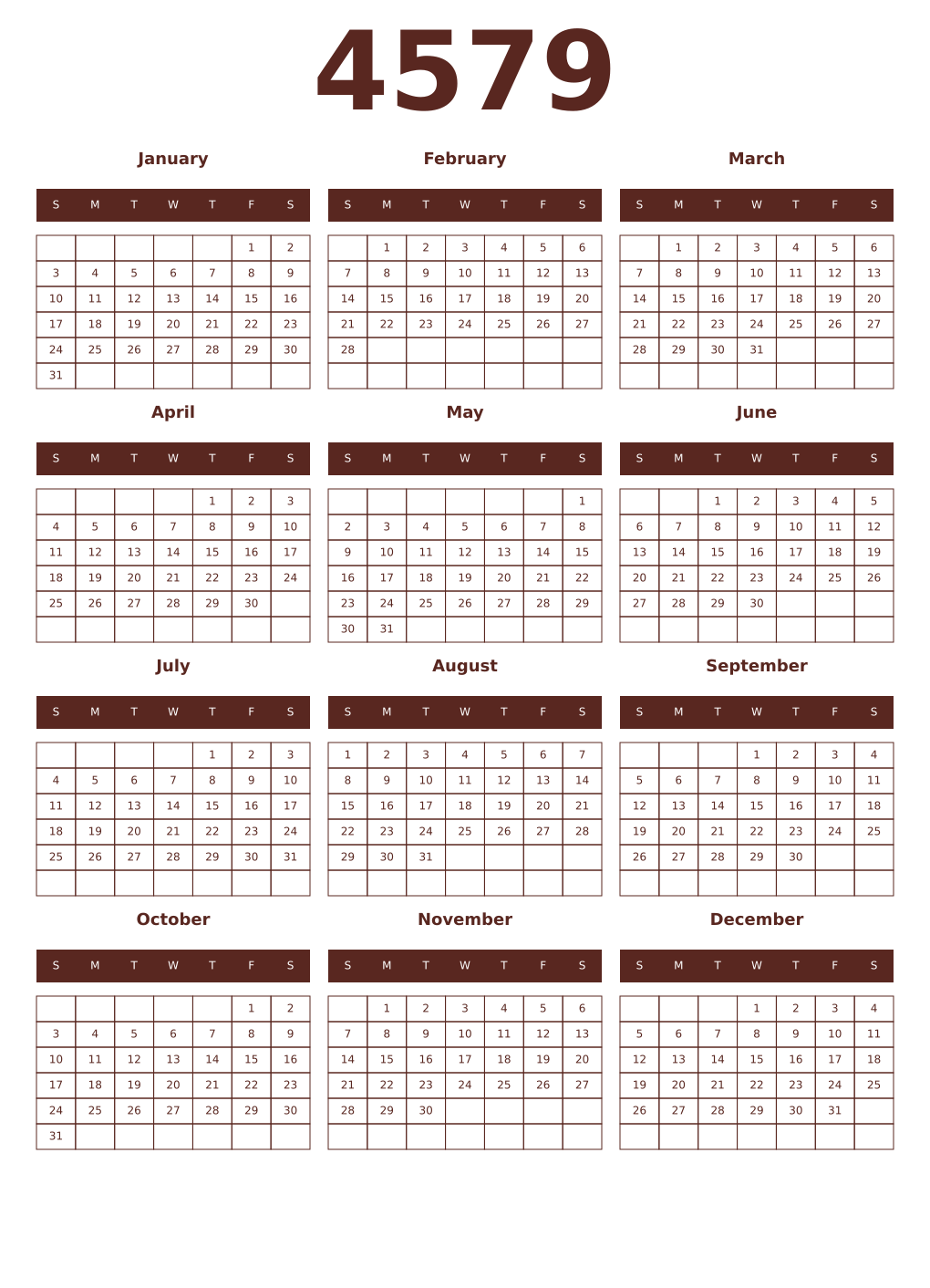 Printable 4579 Year Calendars mortuum