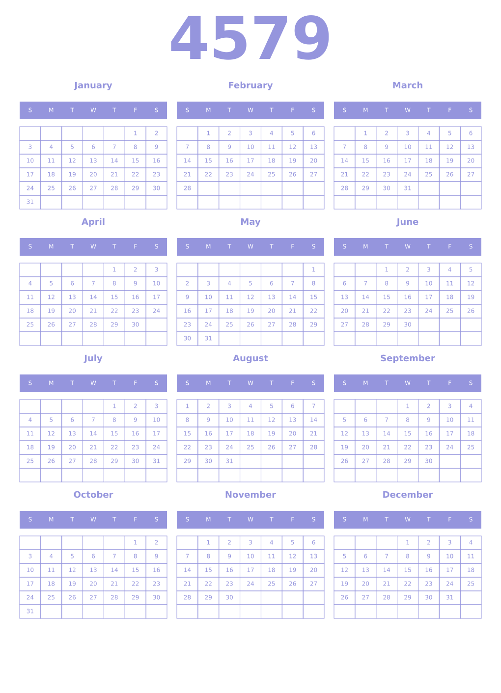 Printable 4579 Year Calendars periwinkle