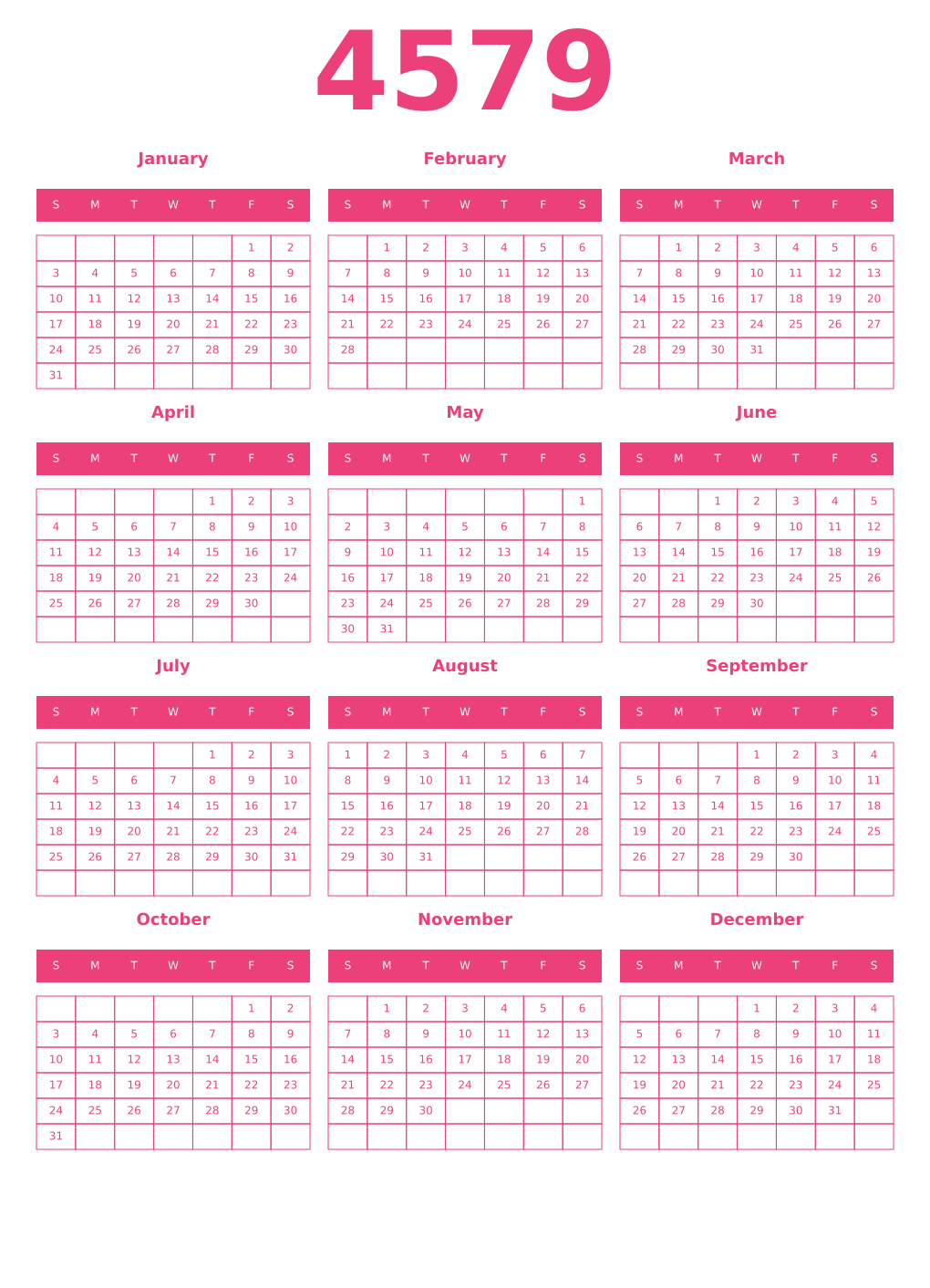 Printable 4579 Year Calendars pink