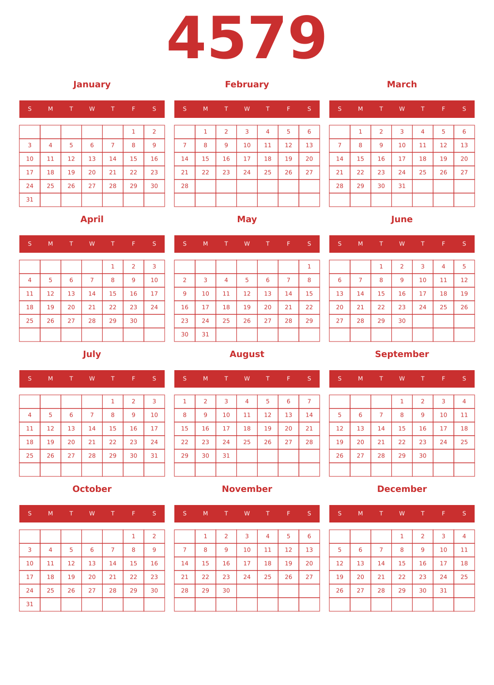 Printable 4579 Year Calendars red