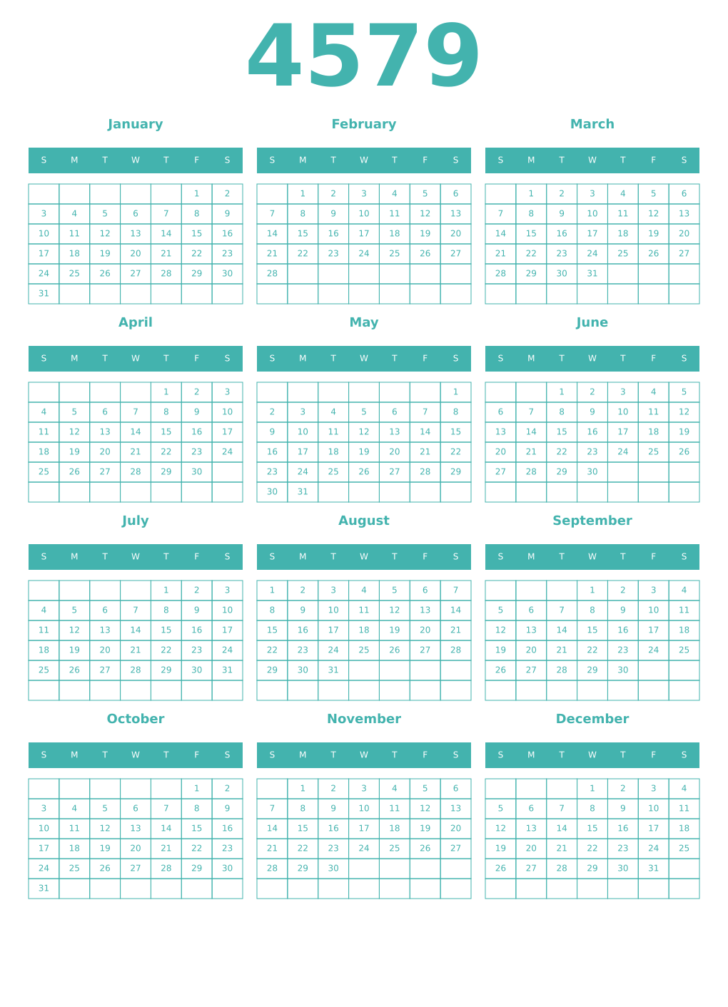 Printable 4579 Year Calendars verdigris
