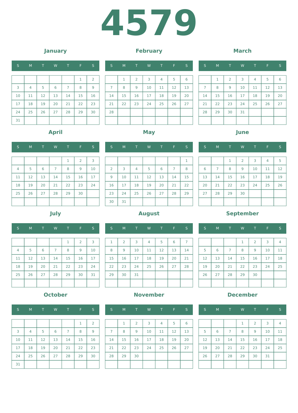 Printable 4579 Year Calendars viridian