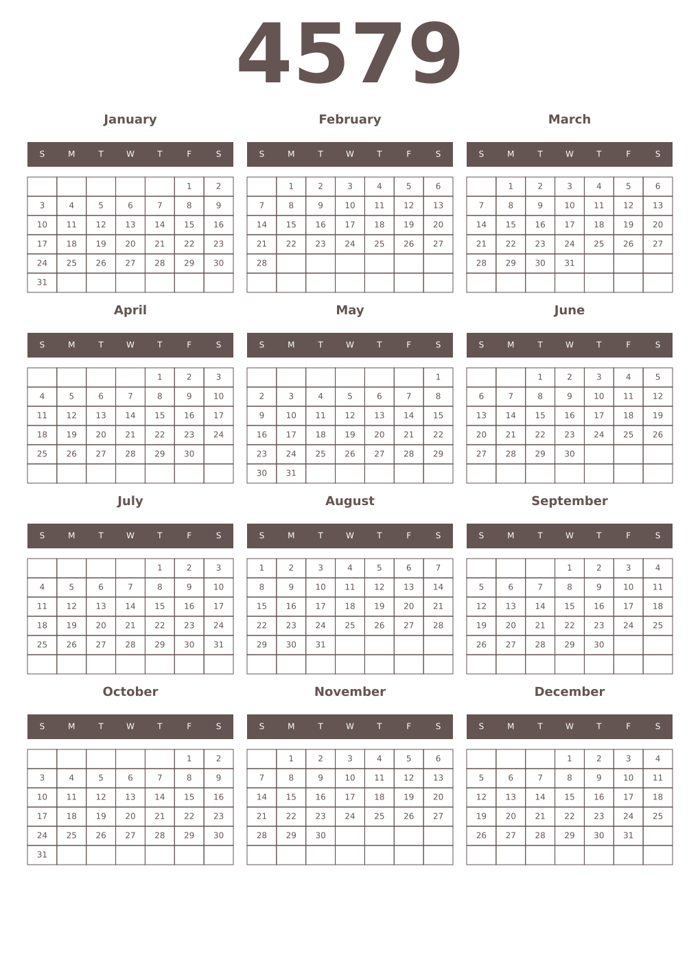 Printable 4579 Year Calendars wenge