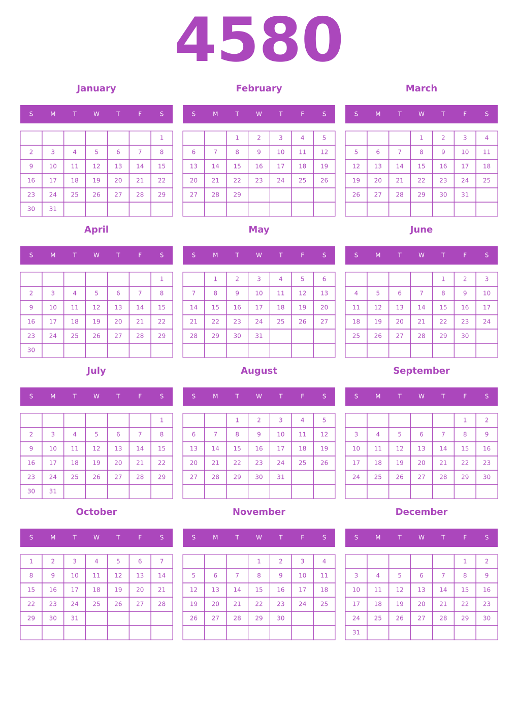 Printable 4580 Calendars
