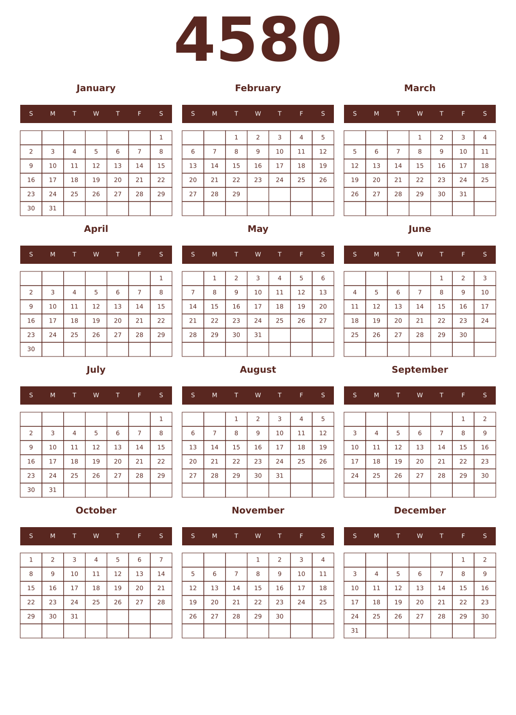 Printable 4580 Year Calendars mortuum