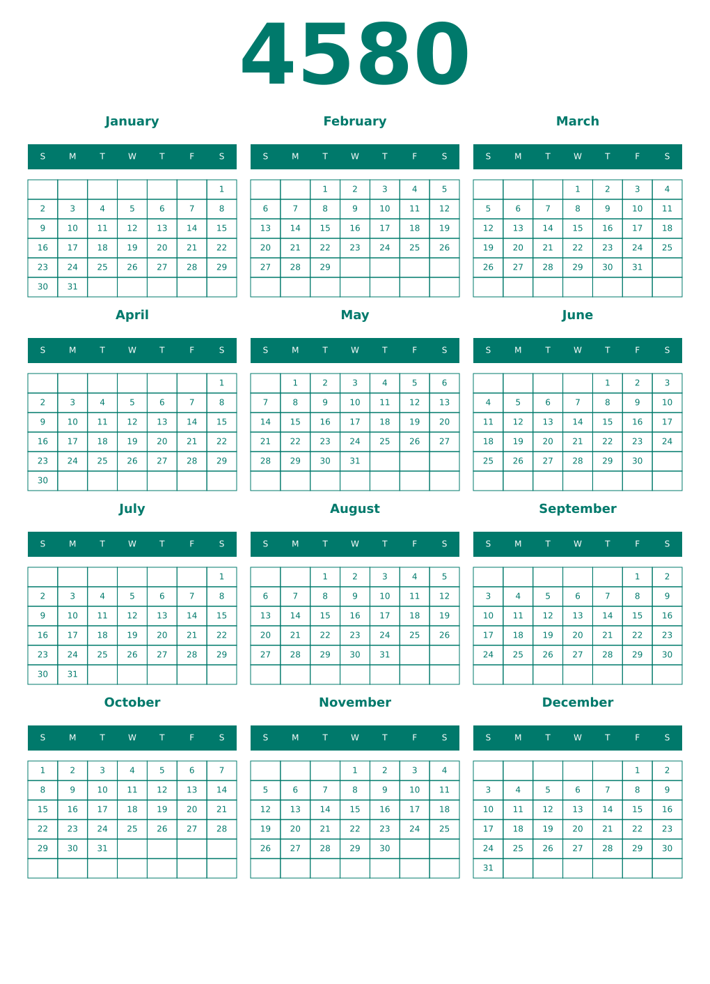 Printable 4580 Year Calendars pastel