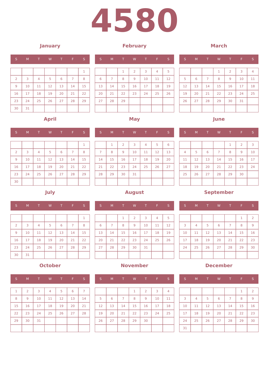 Printable 4580 Year Calendars puce