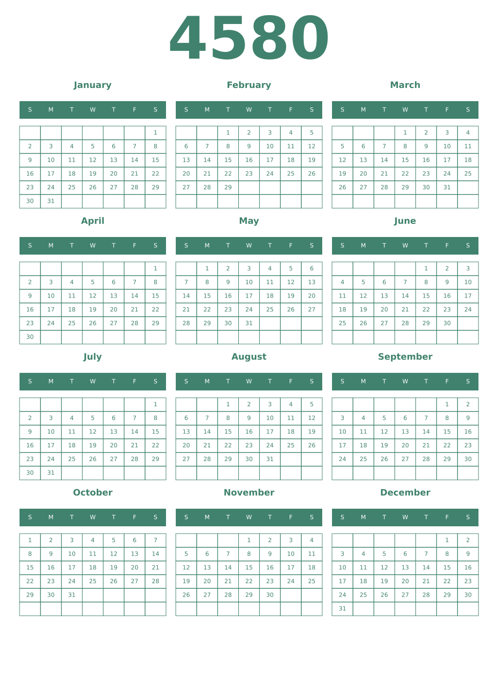 Printable 4580 Year Calendars viridian