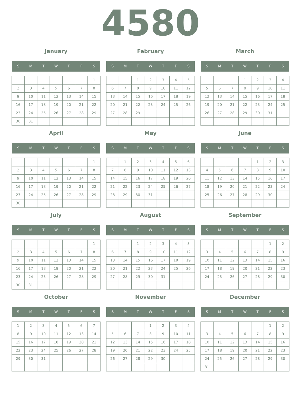 Printable 4580 Year Calendars xanadu