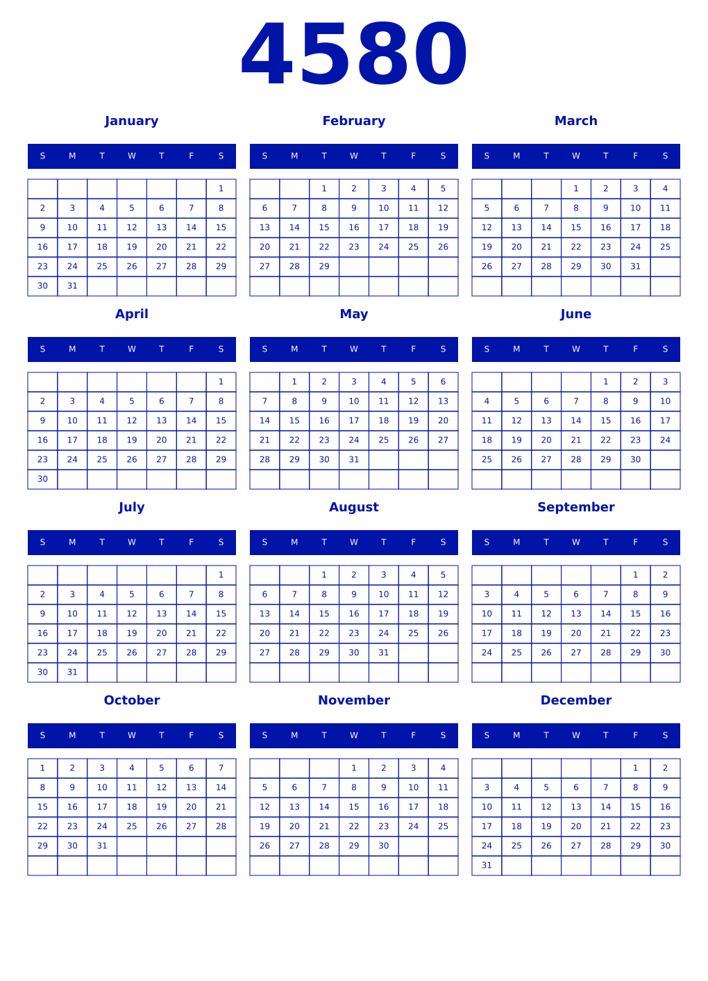 Printable 4580 Year Calendars zaffre