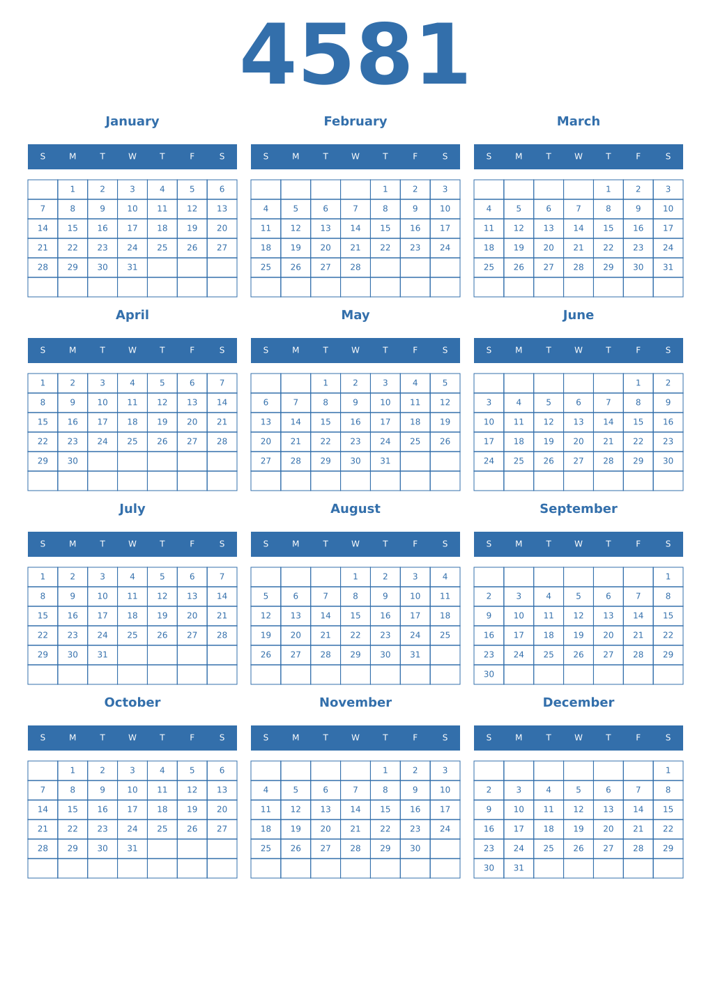 Printable 4581 Year Calendars blue